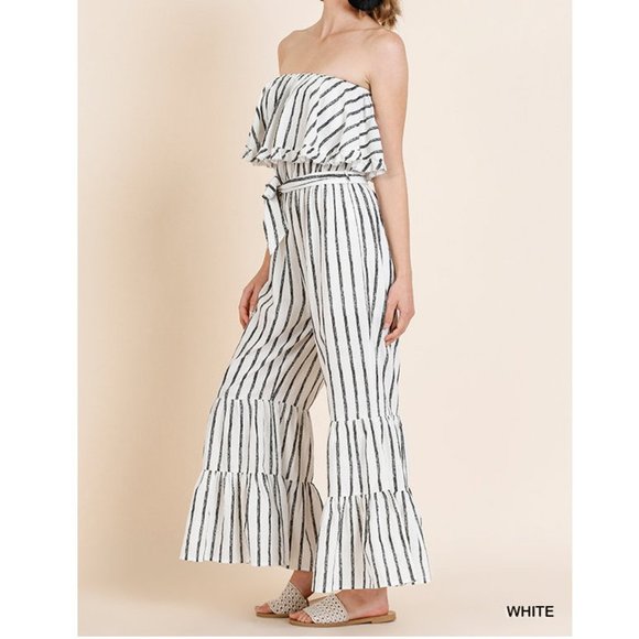 Striped Boho Ruffle Strapless Wide Leg Jumpsuit - Picture 2 of 8